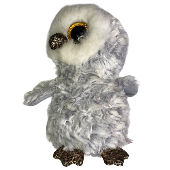 TY BEANIE BOOS OWELETTE Plush Gray White Owl Gold Glitter Eyes 6" 2017 Stuffie - Picture 6 of 11
